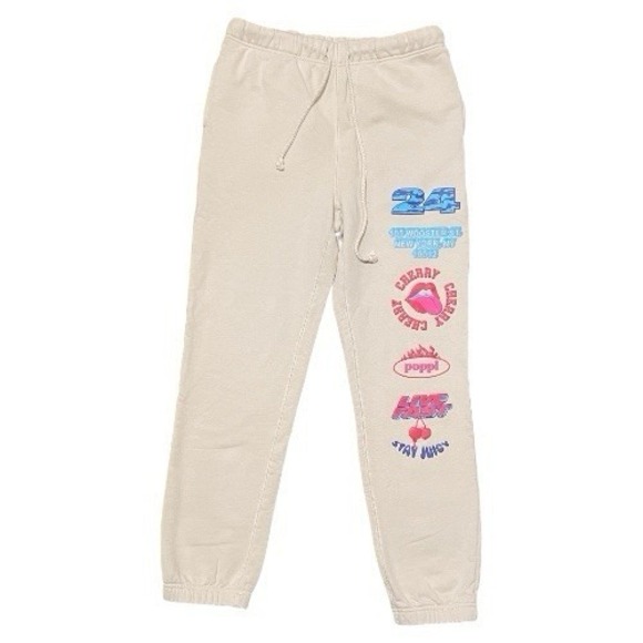 Adult Poppi Stay Juicy Sweatpants Wide Leg Graphic Lounge Pants Beige S - Picture 3 of 9